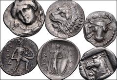 Greek THESSALY. Lot of six (6) silver coins. Includes: KIERION. AR Obol // METROPOLIS. AR Trihemiobol // OITAIOI. AR Obol // PERRHAIBOI. AR Obol // PHARKADON. AR Obol // PHERAI. AR Obol. Good Fine–Nea