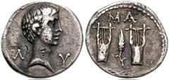 LYCIAN LEAGUE, Masicytus. Augustus. 27 BC-14 AD. AR Drachm (18mm, 2.95 gm). Struck circa 27-18 BC. Bare head right / M A, two lyres; grain ear between. Troxell, Lycia 122; RPC I 3309; SNG von Aulock 4