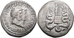 MARK ANTONY & OCTAVIA. 39 BC. AR Cistophoric Tetradrachm (27mm, 11.81 gm). Ephesus mint. Conjoined busts of Antony and Octavia right / Dionysus standing left on cista between twisting snakes. RPC I 22