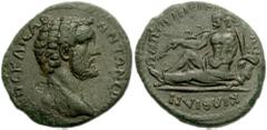 LYDIA, Cilbiani. Antoninus Pius. 138-161 AD. Æ 24mm (7.58 gm). Bare head right / KIΛBIAN-ΩN ΠEΡI NEIK-EAN, river god Kilbos reclining left, holding reed, leaning on overturned vase from which water fl