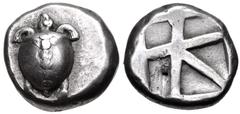 Greek ISLANDS off ATTICA, Aegina. Circa 480-457 BC. AR Stater (19.5mm, 12.18 g, 9h). Sea turtle, head in profile, with 'T-back' design on shell / Large square incuse with skew pattern. Meadows, Aegina