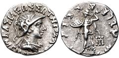 Oriental Greek BAKTRIA, Indo-Greek Kingdom. Menander I Soter. Circa 155-130 BC. AR Drachm (17mm, 2.42 g, 12h). Diademed, draped, and cuirassed bust right, wearing crested helmet covered with pelt of s