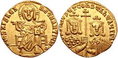 Byzantine Basil I the Macedonian, with Constantine. 867-886. AV Solidus (19mm, 4.42 g, 6h). Constantinople mint. Struck 871-886. Christ Pantokrator enthroned facing; star at end of legend / Crowned fa