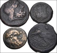 Large Lots GREEK. Magna Graecia & Sicily. Lot of six (6) bronzes. Includes: Campania, Capua (3 coins) // Latium, Aquinum // Umbria, Tuder // Central Italy, Uncertain mint. Mostly Fine, and with patina