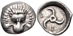 Greek DYNASTS of LYCIA. Uncertain. Circa 400 BC. AR Sixth Stater (14.5mm, 1.57 g). Uncertain mint. Facing lion scalp / Triskeles; Z-Z-EL (in Lycian) in sections; all within incuse square. Unpublished 