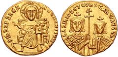 Byzantine Basil I the Macedonian, with Constantine. 867-886. AV Solidus (18mm, 4.44 g, 6h). Constantinople mint. Struck 871-886. Christ Pantokrator enthroned facing; star at end of legend / Crowned fa
