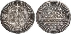 Byzantine Basil II Bulgaroktonos, with Constantine VIII. 976-1025. AR Miliaresion (30mm, 2.90 g, 7h). Constantinople mint. Struck AD 977-989. Cross crosslet with central X set on globus atop four step