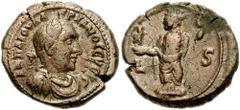 EGYPT, Alexandria. Valerian I. 253-260 AD. BI Tetradrachm (24mm, 11.30 gm). Dated RY 6 (258/9 AD). Laureate, draped and cuirassed bust right / Alexandria standing left, holding bust of Sarapis and sce