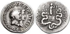 MARK ANTONY and OCTAVIA. 39 BC. AR Cistophoric Tetradrachm (27mm, 11.68 gm). Ephesus mint. Conjoined busts of Antony and Octavia right / Dionysus standing left on cista between coiled serpents. RPC I 