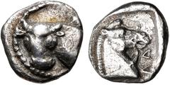 Greek THESSALY, Larissa. Circa 462/1-460 BC. AR Obol (9mm, 0.86 g, 9h). Head and neck of bull left, facing viewer / ΛA, head and neck of bridled horse right; all within incuse square. Liampi, Corpus I