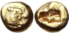 Greek KINGS of LYDIA. temp. Alyattes – Kroisos. Circa 620/10-550/39 BC. EL Trite – Third Stater (12.5mm, 4.71 g). Sardes mint. Head of roaring lion right, sun with multiple rays on forehead / Two incu