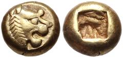 Greek KINGS of LYDIA. temp. Alyattes – Kroisos. Circa 620/10-550/39 BC. EL Hemihekte – Twelfth Stater (7mm, 1.18 g). Sardes mint. Head of roaring lion right, sun with no rays on forehead / Incuse squa