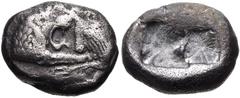 Greek KINGS of LYDIA. Kroisos. Circa 564/53-550/39 BC. AR Hemistater (16mm, 5.10 g). Sardes mint. Confronted foreparts of lion and bull / Two incuse squares of unequal size. Berk 23; SNG Ashmolean 768