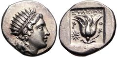 Greek ISLANDS off CARIA, Rhodos. Rhodes. Circa 188-170 BC. AR Drachm (15mm, 2.97 g, 12h). 'Plinthophoric' coinage. Stasion, magistrate. Radiate head of Helios right / Rose with bud to right; ΣTAΣIΩN a
