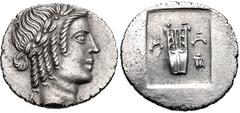 Greek LYCIAN LEAGUE. Circa 27-20 BC. AR Hemidrachm (15.5mm, 1.60 g, 12h). Masikytes mint. Laureate head of Apollo right / Lyre; tripod to right; all within incuse square. RPC I 3310; Troxell, Lycia, P