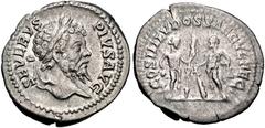 Roman Imperial Septimius Severus. AD 193-211. AR Denarius (19mm, 3.43 g, 6h). Secular Games issue. Rome mint. Struck AD 204. Laureate head right / COS III LVDOS SAECVL FEC, Liber (Bacchus), wearing le