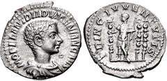 Roman Imperial Diadumenian. As Caesar, AD 217-218. AR Denarius (19.5mm, 2.42 g, 6h). Rome mint. 2nd emission of Macrinus, AD 217-218. Bareheaded, draped, and cuirassed bust right / Diadumenian standin