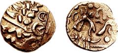 CELTIC, Britain. Corieltauvi. Uninscribed. Circa 55-45 BC. AV Stater (5.98 gm, 4h). Estimate $500 CELTIC, Britain. Corieltauvi. Uninscribed. Circa 55-45 BC. AV Stater (5.98 gm, 4h). Devolved head of A