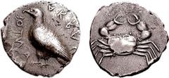 SICILY, Akragas. Circa 500-495 BC. AR Didrachm (8.35 gm, 3h). Estimate $600 SICILY, Akragas. Circa 510-500 BC. AR Didrachm (8.35 gm, 3h). Eagle standing left / Crab. Jenkins, Gela, Group Ia (pl. 37, 1