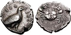 SICILY, Akragas. Circa 510-500 BC. AR Didrachm (8.92 gm, 4h). Estimate $1000 SICILY, Akragas. Circa 510-500 BC. AR Didrachm (8.92 gm, 4h). Eagle standing right / Crab. Jenkins, Gela, Group Ic; SNG ANS
