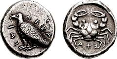 SICILY, Akragas. Circa 500-495 BC. AR Didrachm (8.50 gm, 6h). Estimate $1000 SICILY, Akragas. Circa 500-495 BC. AR Didrachm (8.50 gm, 6h). Eagle standing left / Crab; EXA retrograde below. Jenkins, Ge