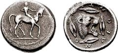 SICILY, Leontini. Circa 476-468 BC. AR Didrachm (8.21 gm, 11h). Estimate $600 SICILY, Leontini. Circa 476-468 BC. AR Didrachm (8.21 gm, 11h). Rider on horseback right / Head of roaring lion right; fou