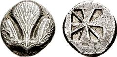 SICILY, Selinos. Circa 540-515 BC. AR Didrachm (9.00 gm). Estimate $750 SICILY, Selinos. Circa 540-515 BC. AR Didrachm (9.00 gm). Selinon leaf, two pellets flanking stem, two pellets between leaves ab