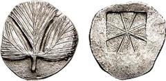 SICILY, Selinos. Circa 540-515 BC. AR Didrachm (8.85 gm). Estimate $1500 SICILY, Selinos. Circa 540-515 BC. AR Didrachm (8.85 gm). Trilobate selinon leaf / Incuse square divided into eight sections, e