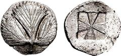 SICILY, Selinos. Circa 540-515 BC. AR Didrachm (8.84 gm). Estimate $1500 SICILY, Selinos. Circa 540-515 BC. AR Didrachm (8.84 gm). Selinon leaf / Incuse square divided into eight sections, each granul