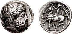 KINGS of MACEDON. Philip II. 359-336 BC. AR Tetradrachm (14.43 gm, 11h). Pella mint. Lifetime issue, struck circa 354/3-349/8 BC. Estimate $750 KINGS of MACEDON. Philip II. 359-336 BC. AR Tetradrachm 