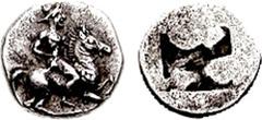 THRACO-MACEDONIAN REGION, Uncertain. 5th century BC. AR Diobol (1.16 gm). Estimate $500 THRACO-MACEDONIAN REGION, Uncertain. 5th century BC. AR Diobol (1.16 gm). Rider on horseback right / Rough incus