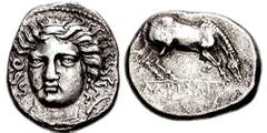 THESSALY, Larissa. Circa 400-380 BC. AR Drachm (6.10 gm, 9h). Reverse die signed by Ai-. Estimate $500  THESSALY, Larissa. Circa 400-380 BC. AR Drachm (6.10 gm, 9h). Reverse die signed by Ai-. Head of