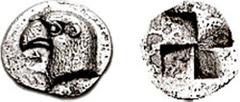 AEOLIS, Kyme. Circa 450-400 BC. AR Hemiobol (0.43 gm). Estimate $200  AEOLIS, Kyme. Circa 450-400 BC. AR Hemiobol (0.43 gm). Eagle's head left / Granulated "mill-sail" incuse square. SNG Copenhagen 31