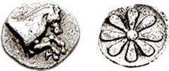 AEOLIS, Kyme. 4th century BC. AR Hemiobol (0.36 gm). Estimate $200 AEOLIS, Kyme. 4th century BC. AR Hemiobol (0.36 gm). Forepart of horse right / Floral pattern. SNG Copenhagen 34. VF, minor porosity.