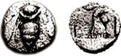 IONIA, Ephesos. Circa 550-500 BC. AR Hemiobol (0.31 gm). Estimate $200  IONIA, Ephesos. Circa 550-500 BC. AR Hemiobol (0.31 gm). Bee / Cock's head(?) right in incuse square. Cf. Karwiese Series IV. VF