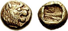KINGS of LYDIA. Uncertain King. Early 6th century BC. EL Twelfth Stater - Hemihekte (1.16 gm). Estimate $500 KINGS of LYDIA. Uncertain King. Early 6th century BC. EL Twelfth Stater - Hemihekte (1.16 g