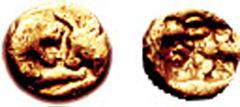 KINGS of LYDIA. Time of Kroisos to Cambyses. Circa 560-525 BC. AV 1/24 Stater (0.44 gm). Kroisid type. Heavy series. Estimate $500 KINGS of LYDIA. Time of Kroisos to Cambyses. Circa 560-525 BC. AV 1/2