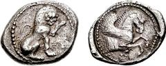 DYNASTS of LYCIA. Uncertain. Circa 500-470 BC. AR Stater (9.21 gm, 8h). Estimate $750 DYNASTS of LYCIA. Uncertain. Circa 500-470 BC. AR Stater (9.21 gm, 8h). Lion seated right, left forepaw raised; fl