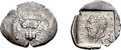 DYNASTS of LYCIA. Mithrapata. Circa 380-375 BC. AR Stater (9.76 gm, 8h). Estimate $750  DYNASTS of LYCIA. Mithrapata. Circa 380-375 BC. AR Stater (9.76 gm, 8h). Facing lion's scalp; reverted S on chee