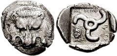 DYNASTS of LYCIA. Mithrapata. Circa 380-375 BC. AR Stater (9.64 gm, 4h). Estimate $1500  DYNASTS of LYCIA. Mithrapata. Circa 380-375 BC. AR Stater (9.64 gm, 4h). Facing lion's scalp / Triskeles; facin