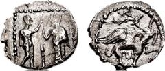 SAMARIA. Circa 375-333 BCE. AR Obol (0.67 gm, 6h). Estimate $300  SAMARIA. Circa 375-333 BCE. AR Obol (0.67 gm, 6h). The god Ana standing right, facing a satrap standing left; thymiaterion between the