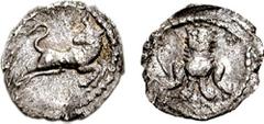 SAMARIA. Circa 375-333 BCE. AR Tetartemorion (0.23 gm, 12h). Estimate $300 SAMARIA. Circa 375-333 BCE. AR Tetartemorion (0.23 gm, 12h). Bull leaping right / Lion seated facing. Meshorer & Qedar 136. G