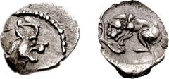 SAMARIA. Circa 375-333 BCE. AR Tetartemorion (0.18 gm, 12h). Estimate $300 SAMARIA. Circa 375-333 BCE. AR Tetartemorion (0.18 gm, 12h). Head of mythical horned lion right / Lion crouching left, gnawin