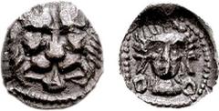 SAMARIA. Circa 375-333 BCE. AR Hemiobol (0.31 gm, 12h). Estimate $300  SAMARIA. Circa 375-333 BCE. AR Hemiobol (0.31 gm, 12h). Facing lion's head / Facing female head with large annular earrings; all 