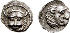 SAMARIA. Circa 375-333 BCE. AR Hemiobol (0.38 gm, 8h). Estimate $300  SAMARIA. Circa 375-333 BCE. AR Hemiobol (0.38 gm, 8h). Facing lion's head / Lion's head right in incuse punch. Meshorer & Qedar 17