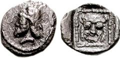 SAMARIA. Circa 375-333 BCE. AR Tetartemorion (0.19 gm, 3h). Estimate $300 SAMARIA. Circa 375-333 BCE. AR Tetartemorion (0.19 gm, 3h). Bearded janiform heads / Facing head of lion in dotted incuse squa