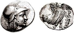 BAKTRIA. Sophytes. Circa 305-294 BC. AR Diobol (1.15 gm, 7h). Local standard. Estimate $300 BAKTRIA. Sophytes. Circa 305-294 BC. AR Diobol (1.15 gm, 7h). Local standard. Helmeted head of Athena right 