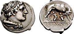 Anonymous. Circa 269-266 BC. AR Didrachm (7.09 gm, 8h). Rome mint. Estimate $1500 Anonymous. Circa 269-266 BC. AR Didrachm (7.09 gm, 8h). Rome mint. Diademed head of Hercules right, wearing lion’s ski