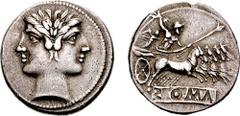 Anonymous. Circa 225-212 BC. AR Didrachm or Quadrigatus (6.54 gm, 6h). Rome mint. Estimate $500 Anonymous. Circa 225-212 BC. AR Didrachm or Quadrigatus (6.54 gm, 6h). Rome mint. Laureate head of Janus