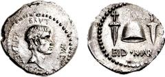 BRUTUS. Late Summer-Autumn 42 BC. AR Denarius (3.51 gm, 12h). Mint moving with Brutus in northern Greece. L. Plaetorius Cestianus, magistrate. Estimate $50000  BRUTUS. Late Summer-Autumn 42 BC. AR Den